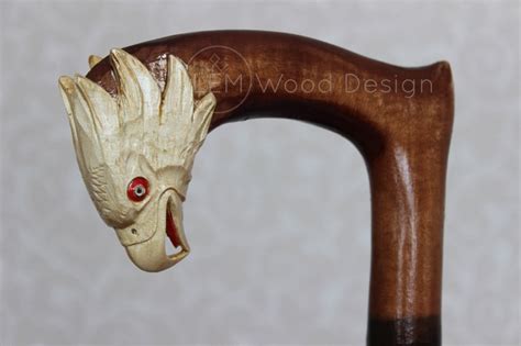 Wooden Cane American Eagle Carved Handle Walking Stick Hiking Etsy