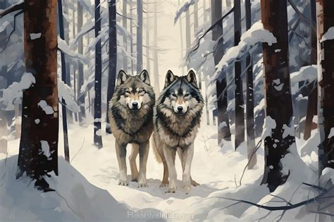 Premium Ai Image Two Wolves In Winter Forest