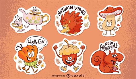 Autumn Cartoon Characters Stickers Set Vector Download