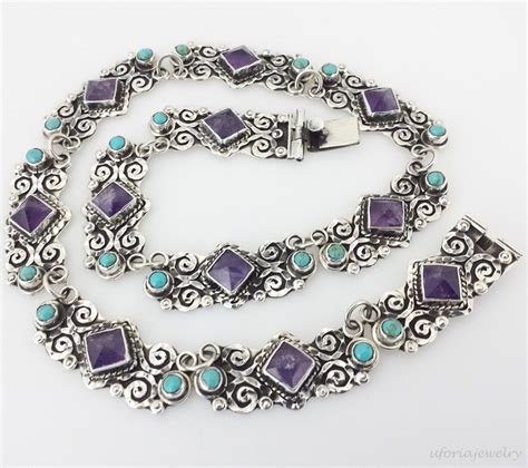 Taxco Vintage Design 925 Amethyst Turquoise Necklace Mexican Sterling