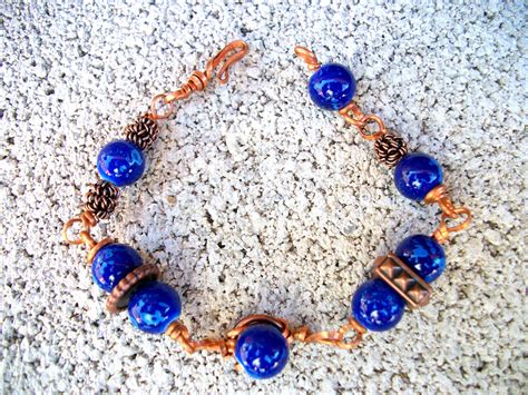 Handmade Copper Wire And Blue Beaded Bracelet On Luulla