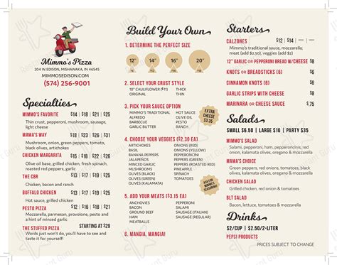 Menu at Mimmo's Pizza pizzeria, Mishawaka