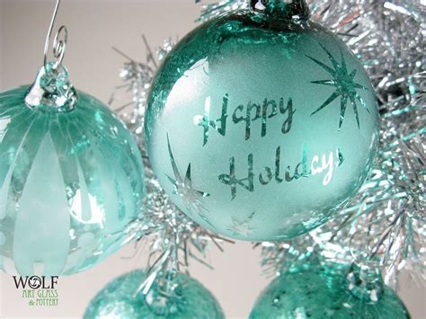 Blown Glass Ornament Teal Blue Green Retro Happy Holidays Star Etsy Glass Ornaments Glass