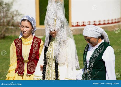 Lady Wears Traditional Kazakh Wedding Dress In Almaty Kazakhstan