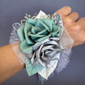 Silver Sage Green Cream Flower Wrist Corsage Boutonnière Set Wedding