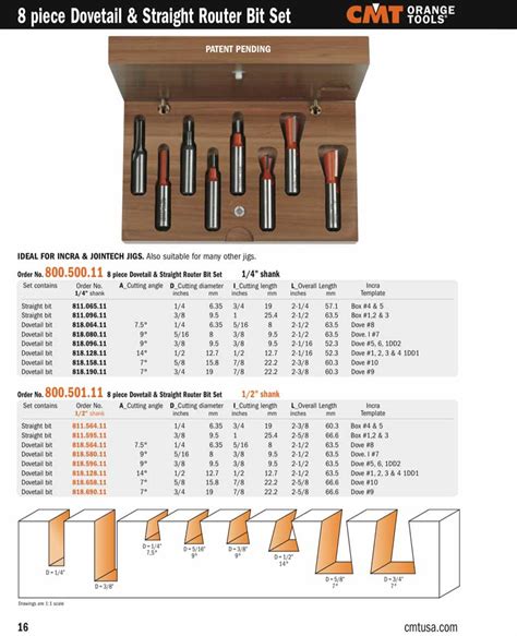 CMT 800 500 11 8 Pc Dovetail Straight Router Bit Set 1 4 Shank In