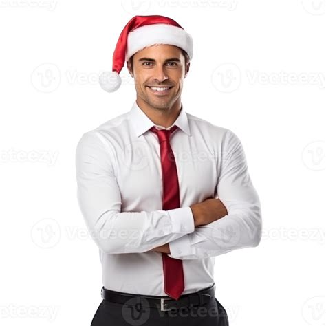 Handsome Business Man In White Shirt And Santa Cap Isolated 30768023 Png