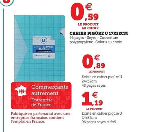 Promo Cahier Piq Re U X Cm Chez Super U Icatalogue Fr