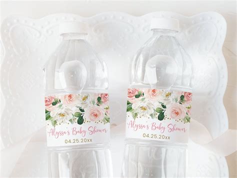 Editable Blush Pink Floral Bottle Label Girl Baby Shower Water Labels