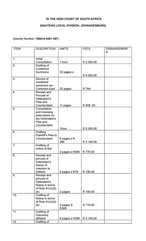 Bill Of Costs In The High Court Of South Africa Gauteng Local