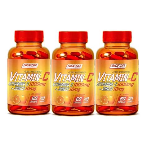 Kit 3X Vitamina C 1000Mg Zinco 10Mg 60 Cáps Biofor Submarino