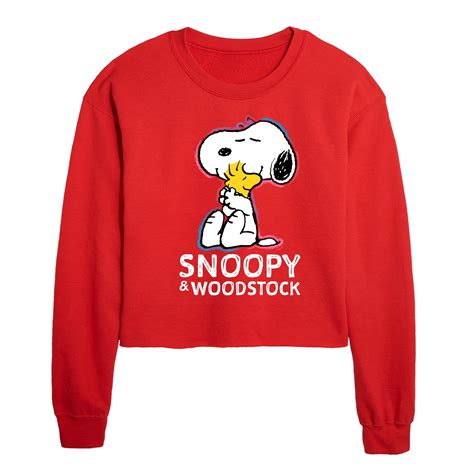 Peanuts Snoopy And Woodstock Juniors Cropped Crew Neck Sweatshirt