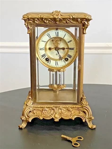 ANTIQUE ANSONIA CRYSTAL Regulator Mantle Clock Brass Beveled Glass