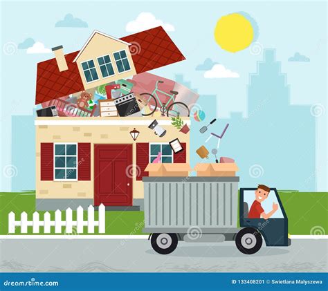 Moving House. Staff Moving Out of the House To Boxes in Truck Stock Illustration - Illustration ...