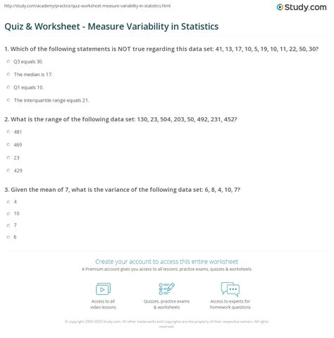 Quiz And Worksheet Measure Variability In Statistics