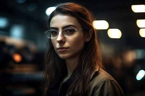 Premium Ai Image A Woman Wearing Glasses Stands In A Dark Room