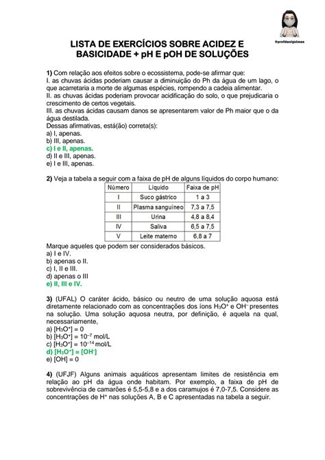 Solution Lista De Exerc Cios Sobre Acidez E Basicidade Ph E Poh