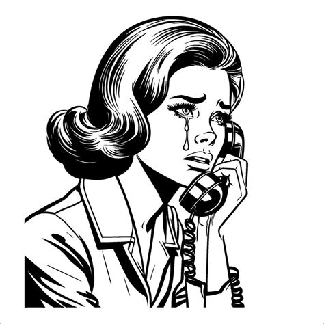 Vintage Retro Pop Art Woman Crying On The Phone Line Art Comic Black And White 08 42975272