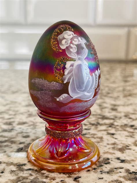 Fenton Art Carnival Glass Egg 1995 Hand Painted By D Barbour Etsy