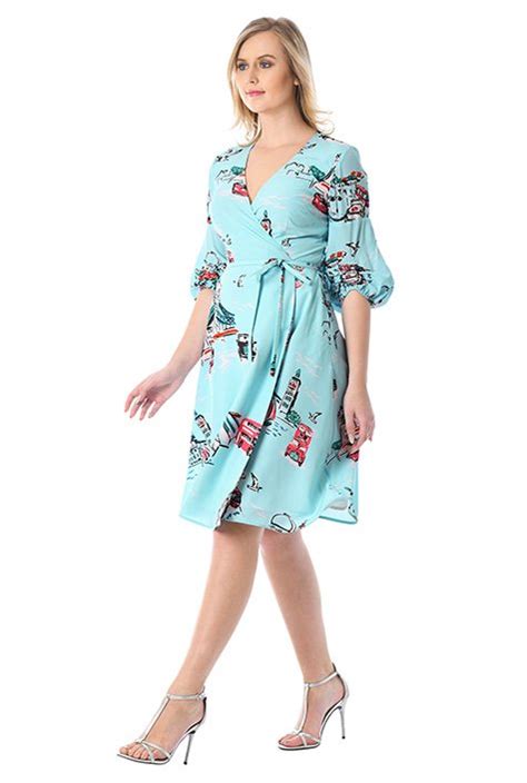 Shop Ruched Bell Sleeve Landscape Print Crepe Wrap Dress Eshakti