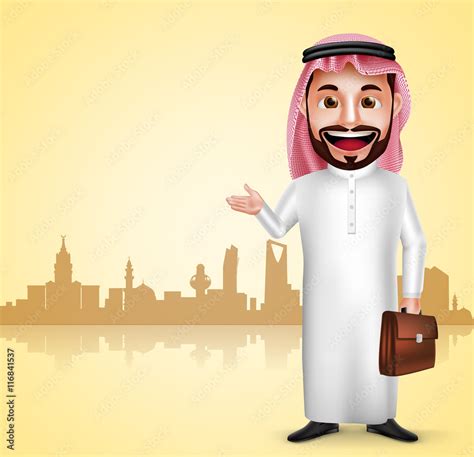 Saudi arab man vector character wearing thobe showing city landmark in ...