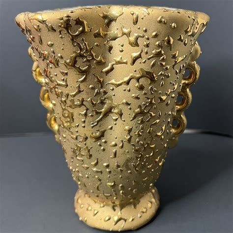 Vintage Weeping Bright Gold Vase 22 K Hand Decorated Ceramic Usa 65