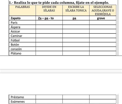 Realiza lo que te pide cada columna fíjate en el ejemplo PALABRAS