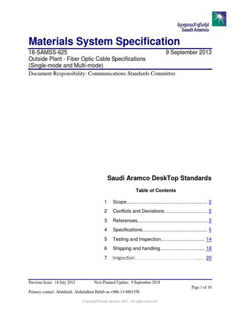 18 Samss 625 Outside Plant Fiber Optic Cable Specifications Single Mode And Multi Mode