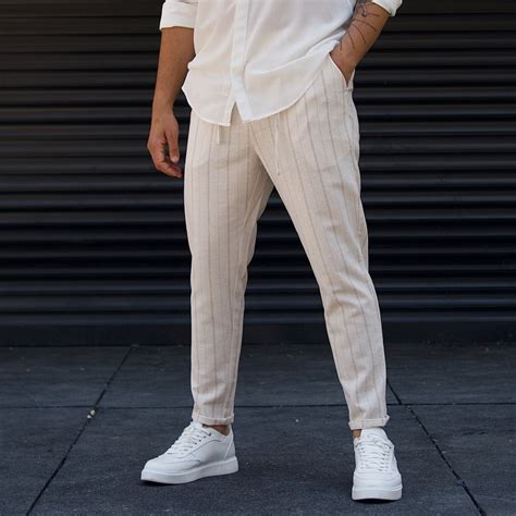 Men S Striped Linen Pants Beige