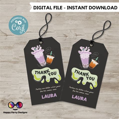 Editable Boba Tea Thank You Tag Digital Tea Party Printable Etsy In