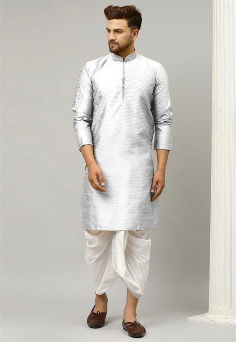 Buy Woven Art Silk Jacquard Dhoti Kurta In Light Grey Online Mve