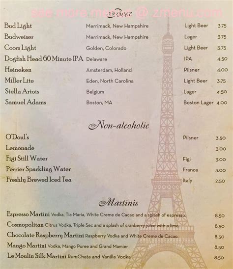 Menu at Moulin Rouge restaurant, Tiverton