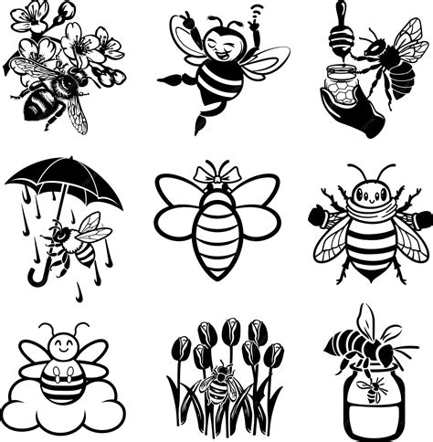 Premium Vector Bubble Bee With Flower Black And White Silhouette