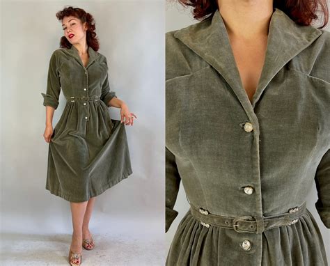 1940s Holiday Hostess Dress Vintage 40s Sage Green Velveteen