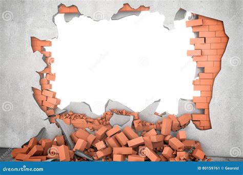 Rendering Broken Wall With White Hole And Pile Of Rusty Red Bricks