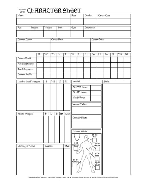 Warhammer Fantasy Roleplay Accessory Character Sheet