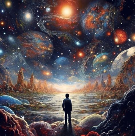 Premium Ai Image A Man Stands In A Space Between A Man And The Universe