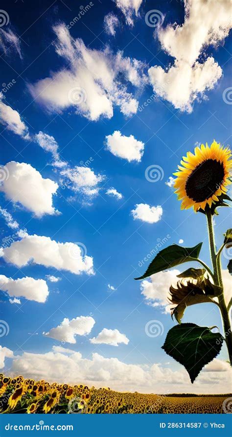 Sunflower Field With Blue Sky And Fluffy Clouds Stock Illustration