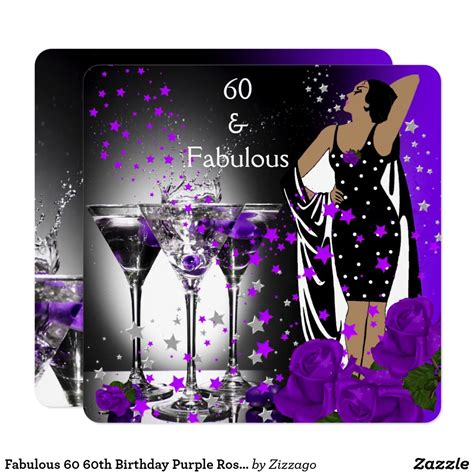 Fabulous 60 60th Birthday Purple Roses Martini Invitation