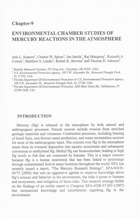 Pdf Environmental Chamber Studies Of Mercury Reactions In The Atmosphere