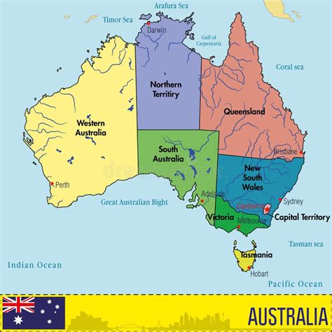 Australia Mapa Z Regionami I Ich Capitals Ilustracja Wektor