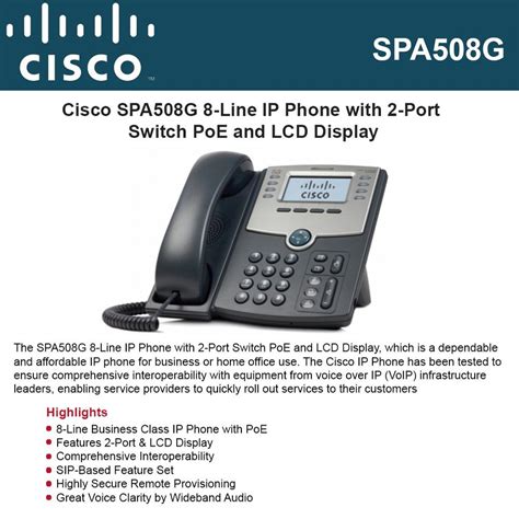 Cisco Spa508g 8 Line Ip Phone With 2 Port Switch Poe And Lcd Display