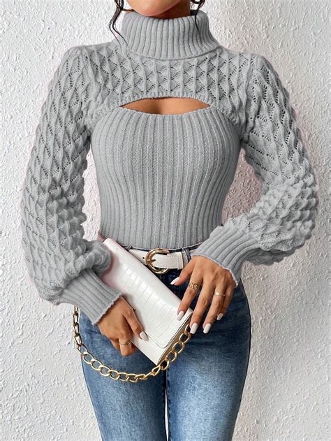 Shein Frenchy Turtleneck Cut Out Front Lantern Sleeve Sweater Shein Usa