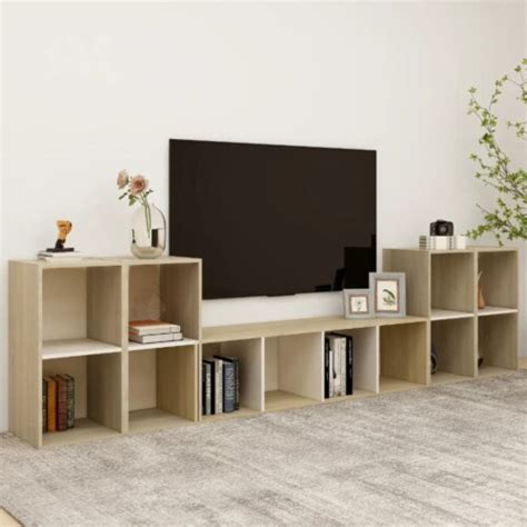 Vidaxl Piece Tv Stand Set White And Sonoma Oak Engineered Wood