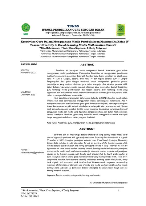 Pdf Kreativitas Guru Dalam Menggunaan Media Pembelajaran Matematika