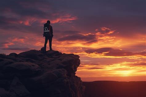 Silueta contemplativa ao pôr do sol no pico da montanha Foto Premium