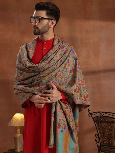 Handloom Woven Pure Pashmina Mens Kani Shawl In Beige Multi Kcs Shop