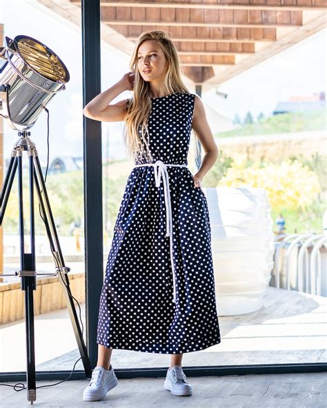 Polka Dot Swing Dress Long Dress Cotton Dress Navy Polka Dots Etsy