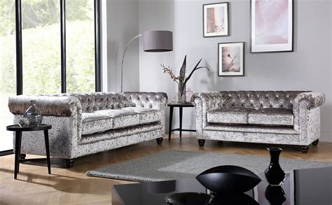 Hampton Silver Crushed Velvet 3+2 Seater Chesterfield Sofa Set