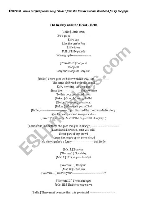 "Belle" song from the Beauty and the Beast - ESL worksheet by Caco